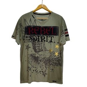 Rebel Spirit Graphic Tee XL Olive Green Eagle Studded Rhinestone Distressed Y2K
